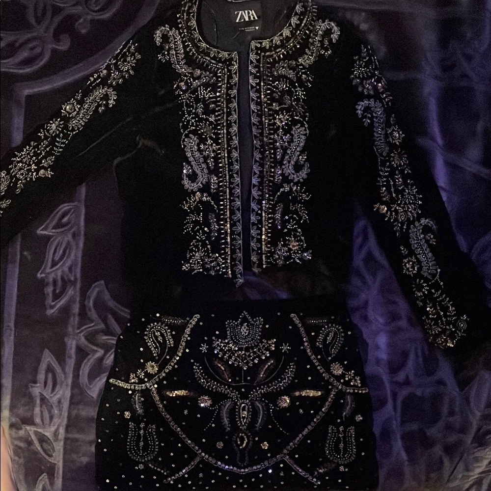 Zara Black Embroidered Jacket and Skirt Set